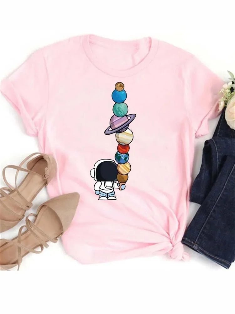 T Shirt Women Moon Planet Print Fashion Tee Shirts Casual Round Neck Short Sleeve Streetwear Female T-Shirt Vintage Tops