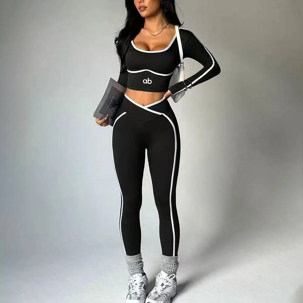 2026 Popular Color Blocking Yoga Set Tight Yoga Long Sleeved Pants V Waist and Hip Lifting Tight Yoga Pants Luxury abyoga Set