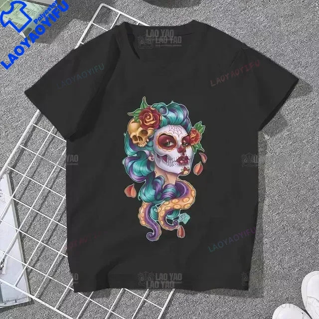 Skull Day of The Dead Graphic T Shirts Skeleton Woman Tshirts Mexican Heritage Flowers Black Tops Casual Kawaii Funny Clothes