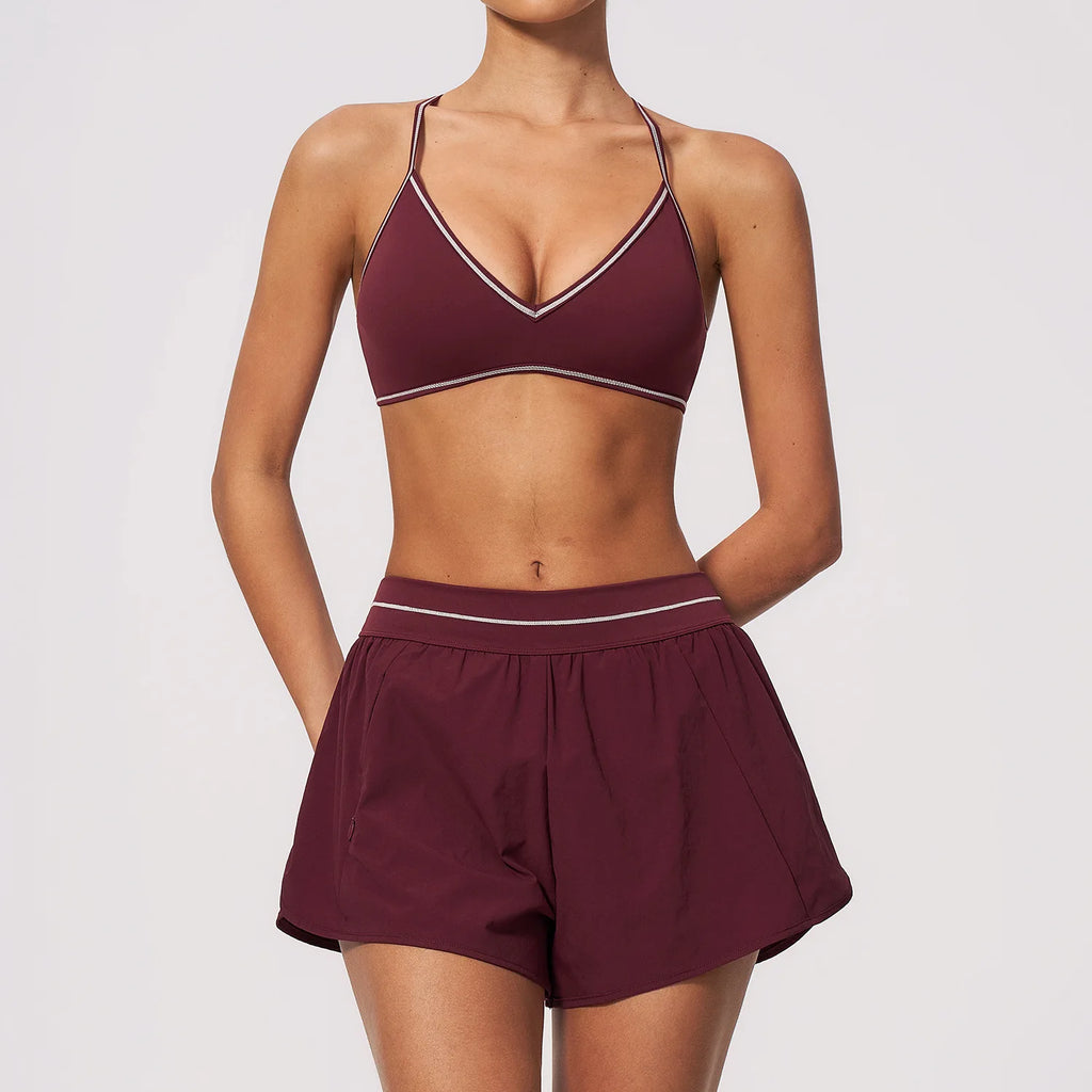 Women 2Pcs Activewear Set V Back Contrast Piping Shorts with Built in Liner and V Neck Crop Top for Gym Tennis Yoga Sportswear