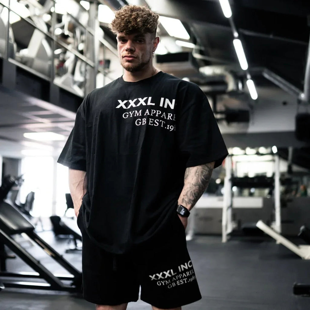 Men Gym Oversized T Shirt XXXL INC Print Fitness Workout Tops Breathable Loose Casual Sportswear Bodybuilding Training Tees