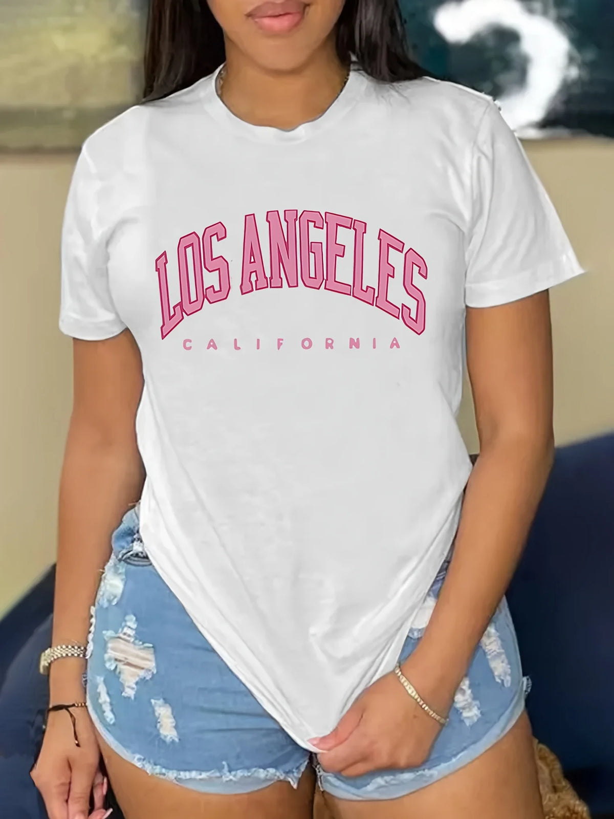Trendy LOS ANGELES Letter Print T-Shirt - Short Sleeve Crew Neck Womens Top Breathable for Stylish Summer Aesthetic Clothes