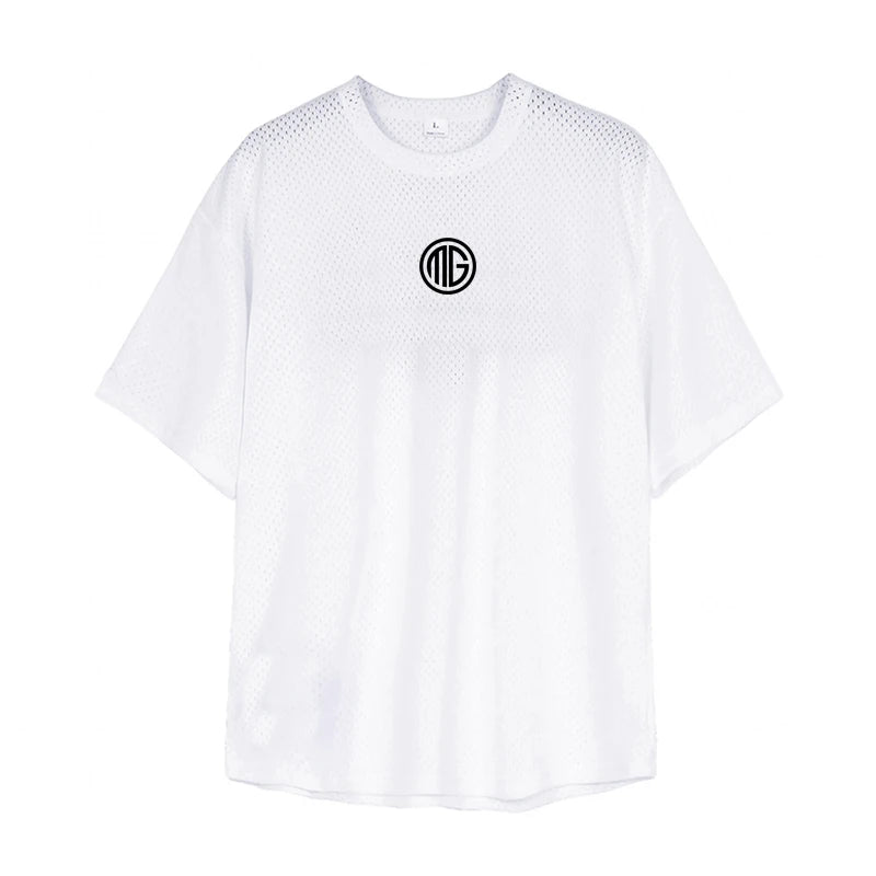 Mens Running T Shirt  Dropped Shoulders Mesh Quick Dry Crew Neck Loose Oversized Fit Breathable Moisture Wicking Gym Workout Tee
