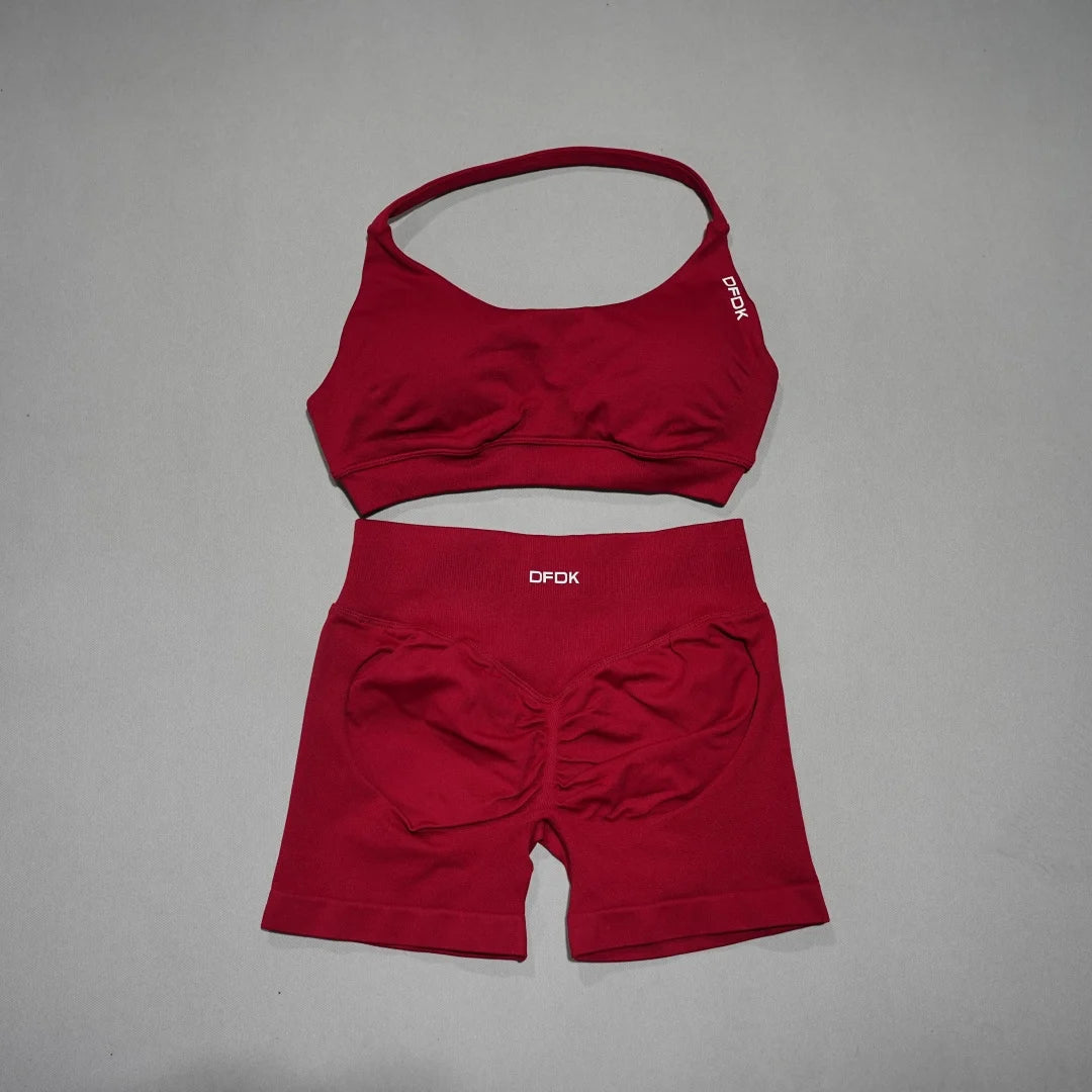 DFDK Women's Fashion 2 Piece Sports Set Lace Up Sports Bra Seamless Shorts Leggings Yoga Gym Fitness Running Tracksuit
