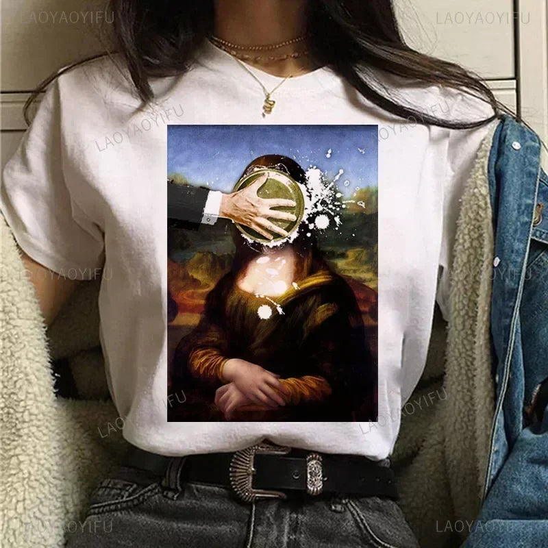 Vintage Humor Mona Lisa Print Women Fashion Top Funny Rose Mona Lisa T-Shirt Classic Camise Breathable Short-sleev