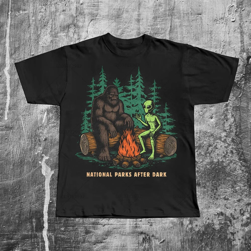 Vintage Harajuku National Parks After Dark Sarcastic Bigfoot AlienT Shirt  Men's Y2K Style Oversize Cotton Tee Streetwear Unisex