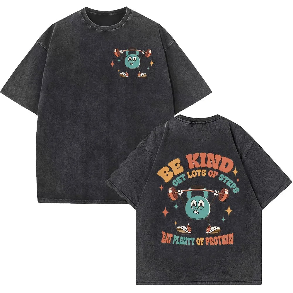 Funny Muscle Gym Retro Washed T-shirt Men's and Women's Fashion Short Sleeve T-shirt Casual Large Size T-shirt