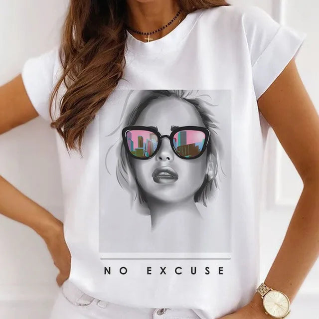 Fashion Girls Cool Half Sleeve American White T-shirt Women's Short Sleeve Top Casual Streetwear Clothing Polyester fiber fabric