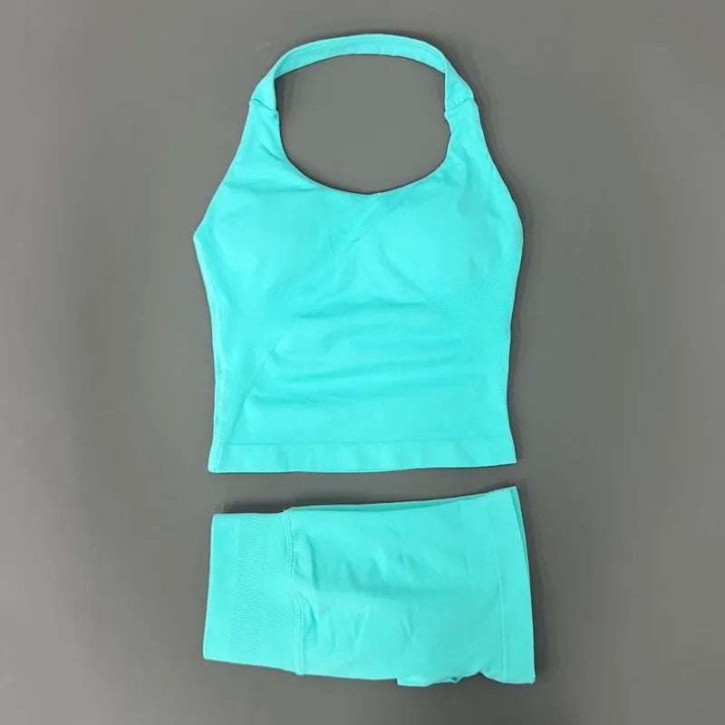 2 Pic Histello Sports Set Women Neck Halter Shockproof Longline Strappy Top Workout Scrunch Shorts Sets Fitness Clothes Gym Suit