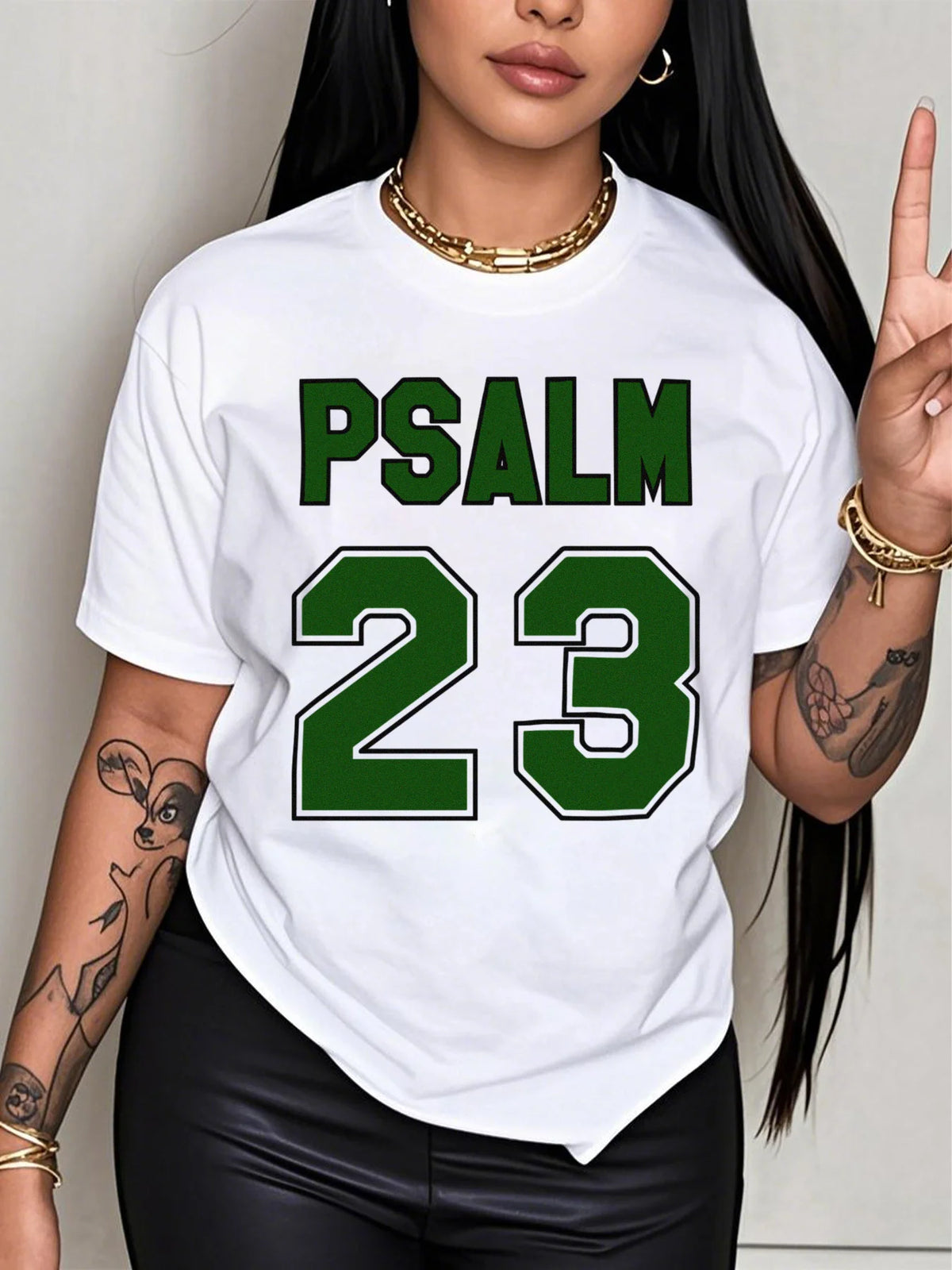 Women'S Psalm 23 Jersey Premium T-Shirt Oversized Casual Short Sleeve Round Neck Tee with Bold Green Lettering women clothes