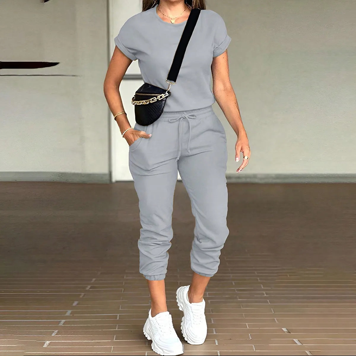 Sports Two-piece Set For Women Summer Fashion Comfortable Casual Solid Color Round Neck Short-sleeved Top And Elastic Pants Set