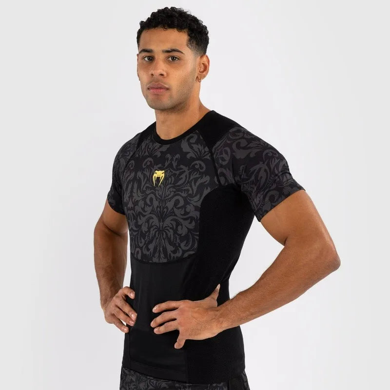 Gym Workout Shirts Men Sports Wear Casual Boxing Tops Combat Training Fitness Quick-Dry Short Sleeve Bodysuit
