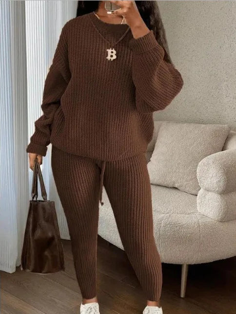 Knitted Sweater Two Piece Set For Women Autumn Winter Long Sleeve O Neck Sweater + Skinny Pants Sets Casual Knit Outfit Homewear