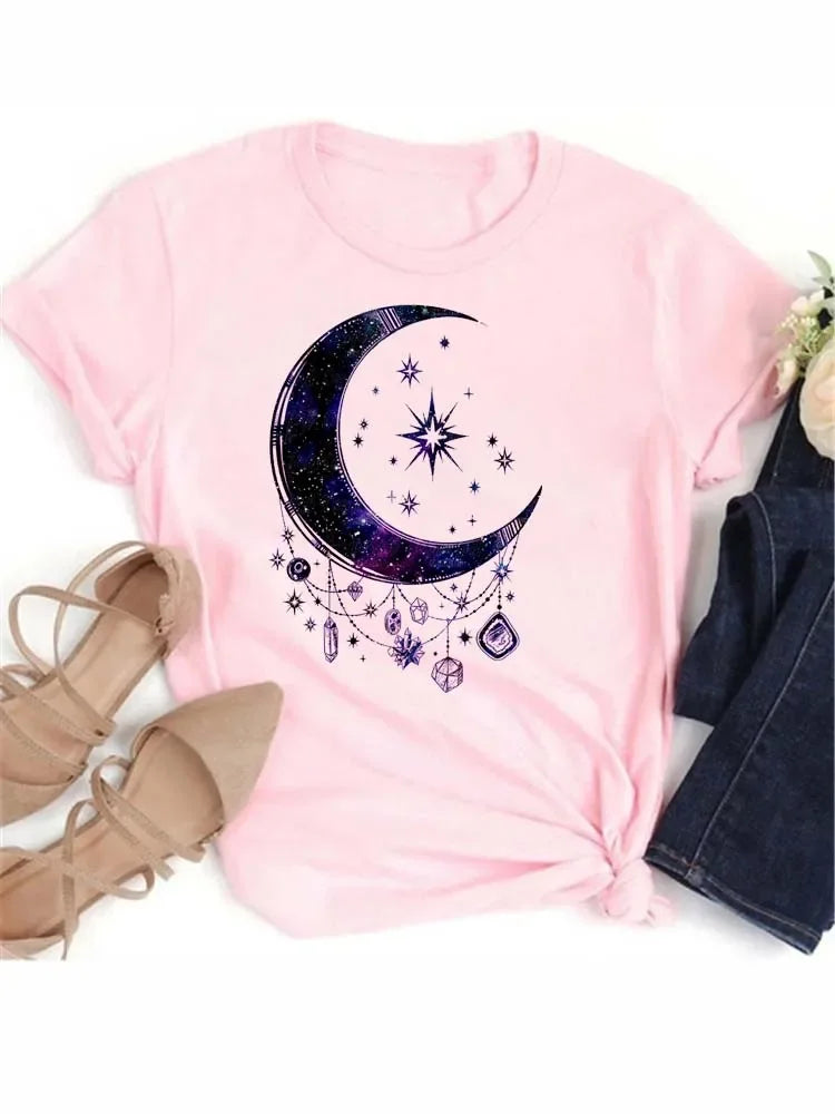 T Shirt Women Moon Planet Print Fashion Tee Shirts Casual Round Neck Short Sleeve Streetwear Female T-Shirt Vintage Tops