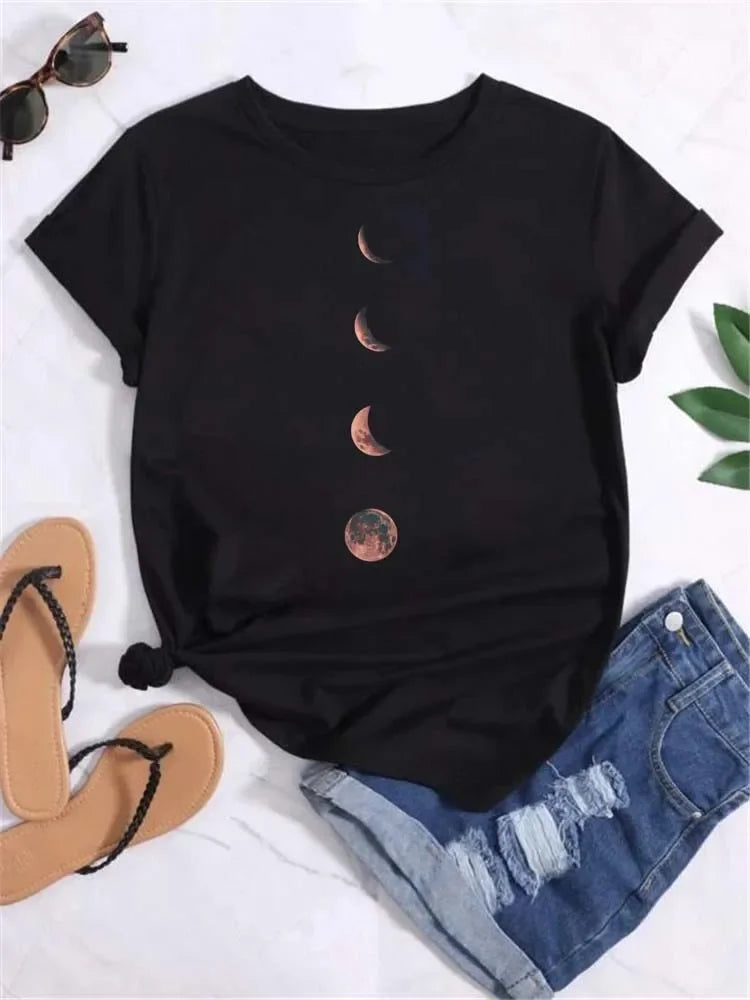 T Shirt Women Moon Planet Print Fashion Tee Shirts Casual Round Neck Short Sleeve Streetwear Female T-Shirt Vintage Tops
