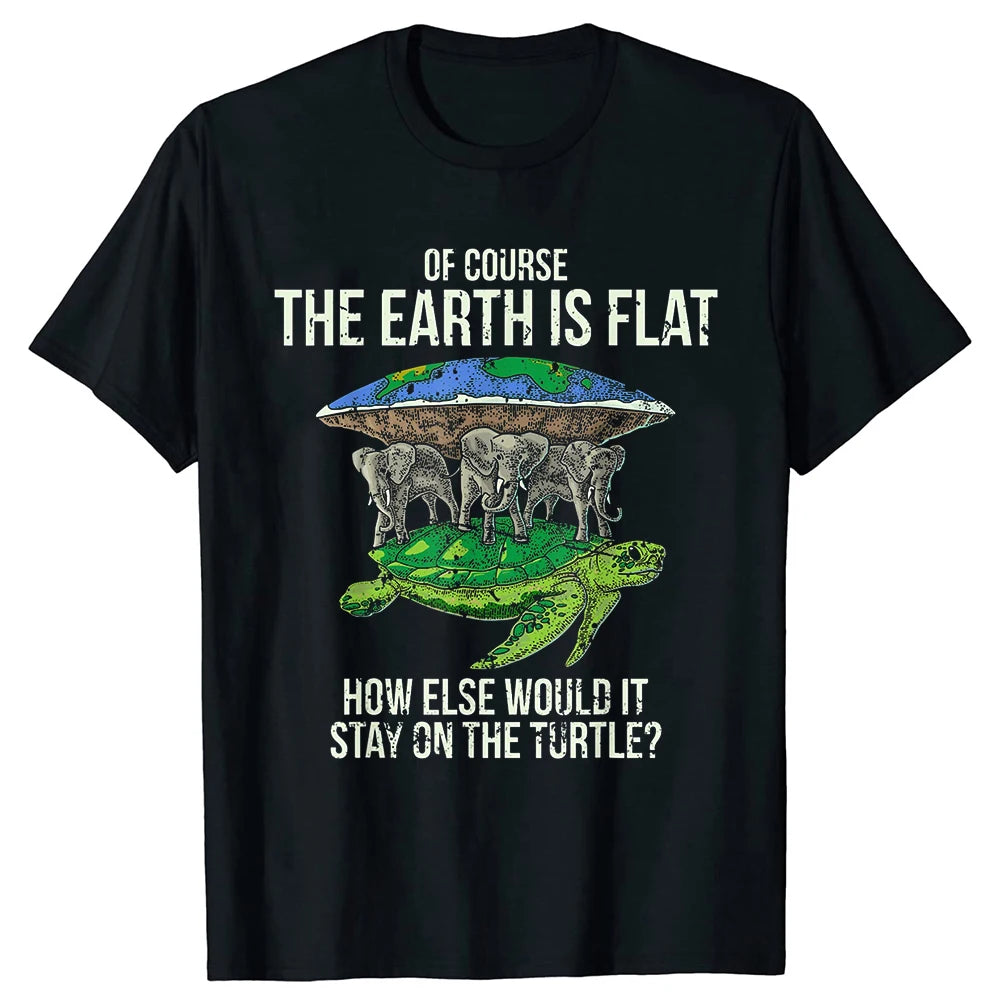 Fun "Flat Earth Association" T-shirt with Turtle and Elephant Print Street Style Round Neck Harajuku Short-sleeved for Women Y2K