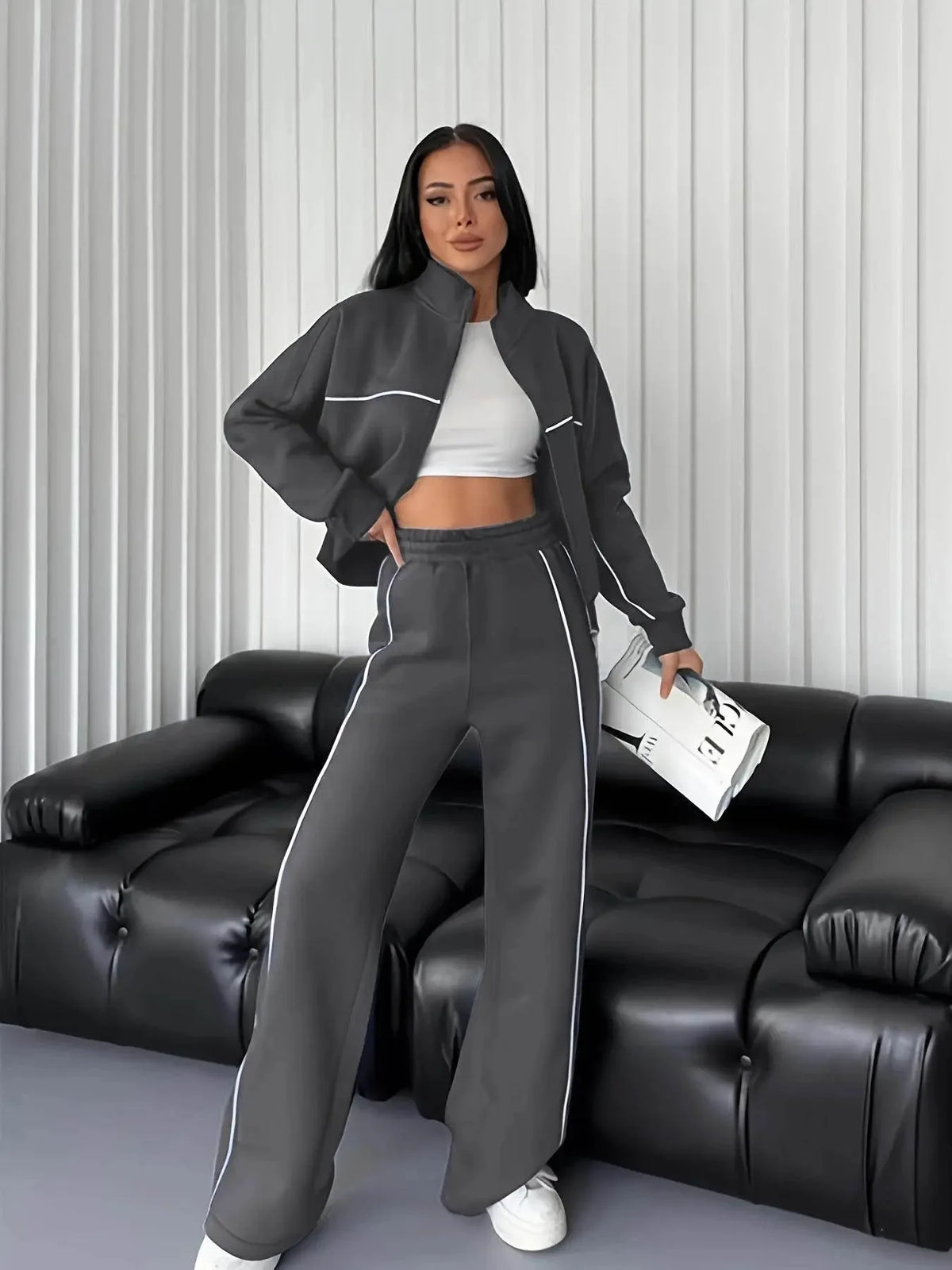 FSMG Casual Oversize Striped Half High Neck Zippers Sports Sets Women's Long Sleeve Sweatshirt Elastic Waist Pants 2 Piece Set