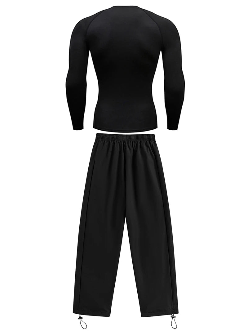 Mens Spring Fall Athletic 2 Piece Set Gym Workout Running Sportswear Long Sleeve Compression Shirt Pants Trousers Sweatpants