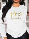 100% pure cotton women's spring and autumn casual long sleeved heart-shaped belief graphic printed round neck T-shirt