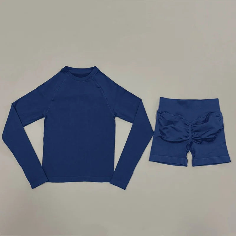 HISTELLO 2 Piece Gym Set Women Sports Long Sleeve Top and Shorts Sets Lightweight Fitness Clothes Pilates Yoga Sportswear Outfit