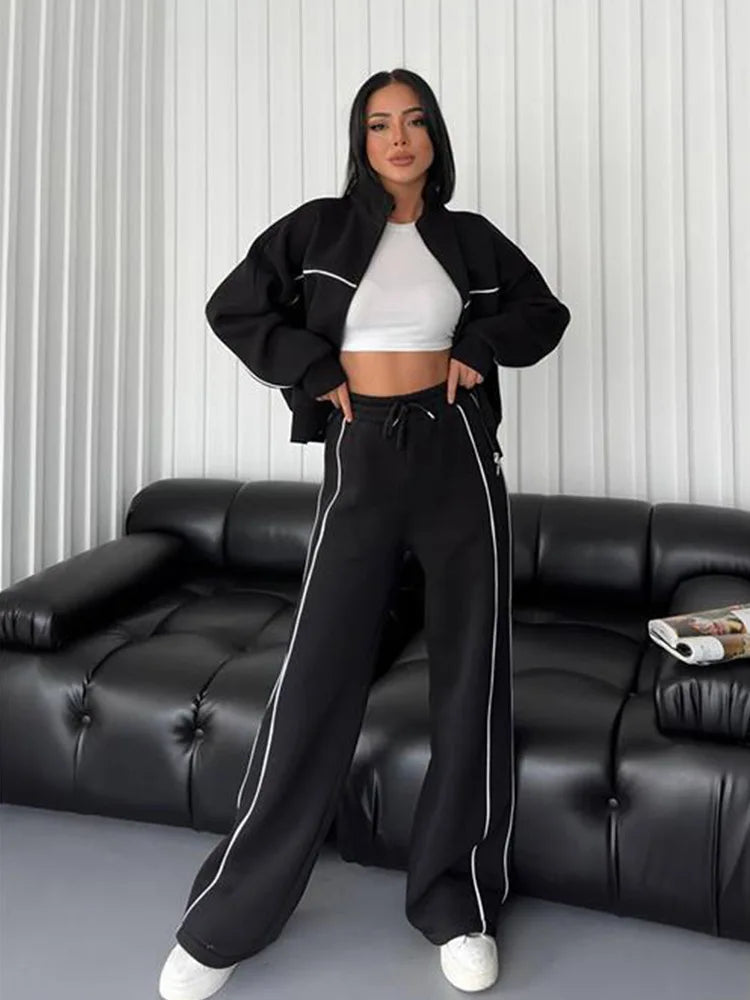 FSMG Casual Oversize Striped Half High Neck Zippers Sports Sets Women's Long Sleeve Sweatshirt Elastic Waist Pants 2 Piece Set