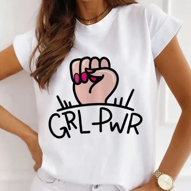 Fashion Girls Cool Half Sleeve American White T-shirt Women's Short Sleeve Top Casual Streetwear Clothing Polyester fiber fabric