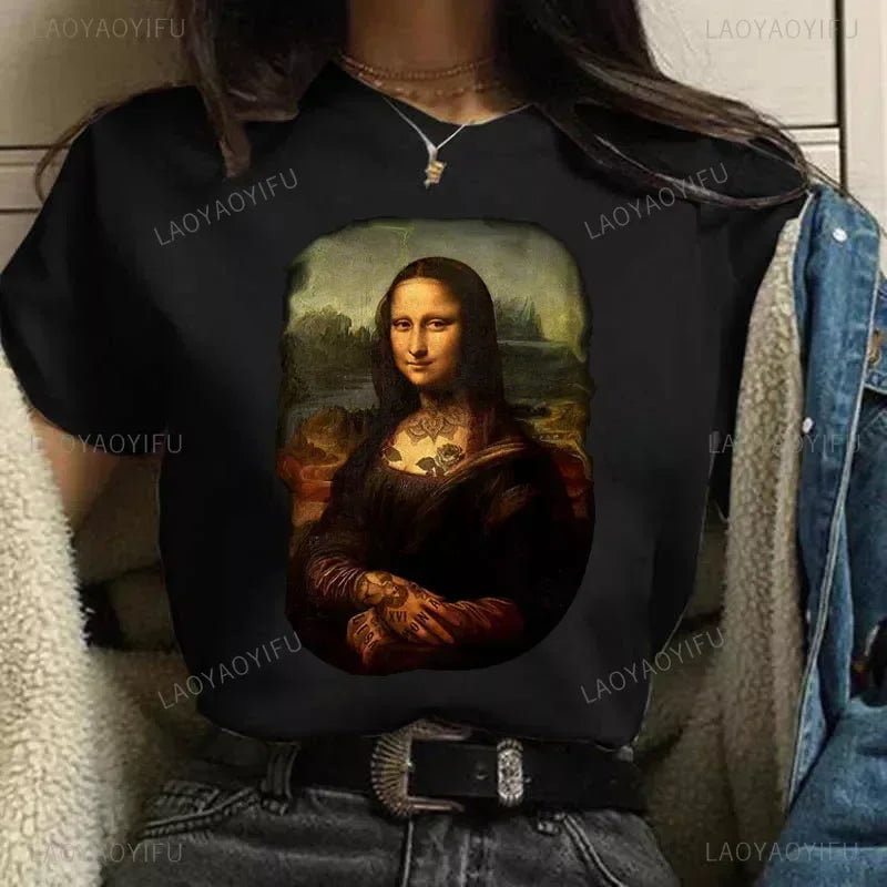 Vintage Humor Mona Lisa Print Women Fashion Top Funny Rose Mona Lisa T-Shirt Classic Camise Breathable Short-sleev