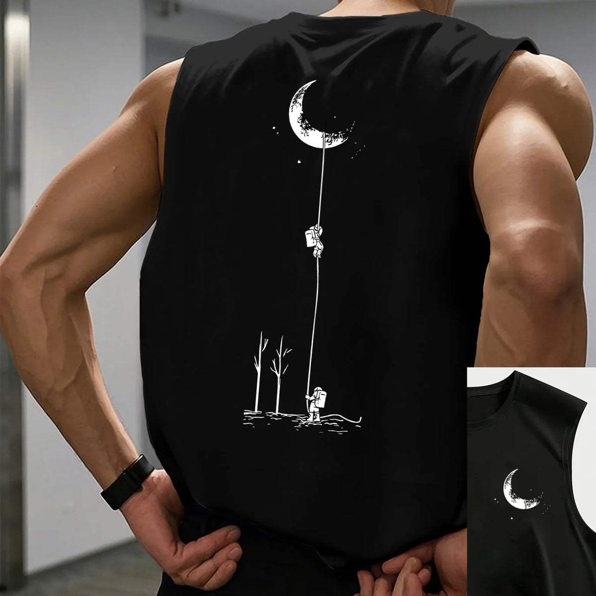 Men's summer casual sports loose fit astronaut landing moon pattern print comfortable and breathable round neck sleeveless vest