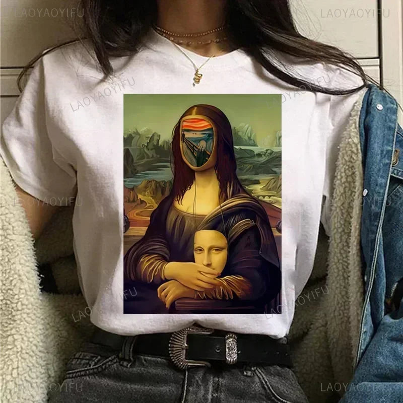 Vintage Humor Mona Lisa Print Women Fashion Top Funny Rose Mona Lisa T-Shirt Classic Camise Breathable Short-sleev