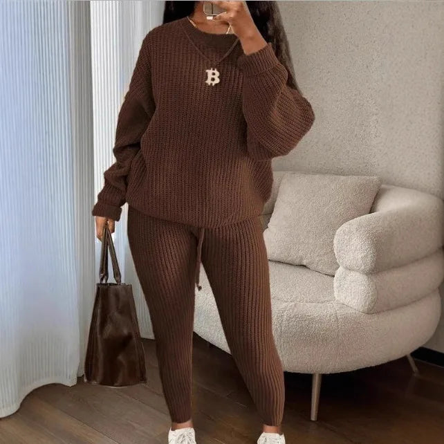 Knitted Sweater Two Piece Set For Women Autumn Winter Long Sleeve O Neck Sweater + Skinny Pants Sets Casual Knit Outfit Homewear