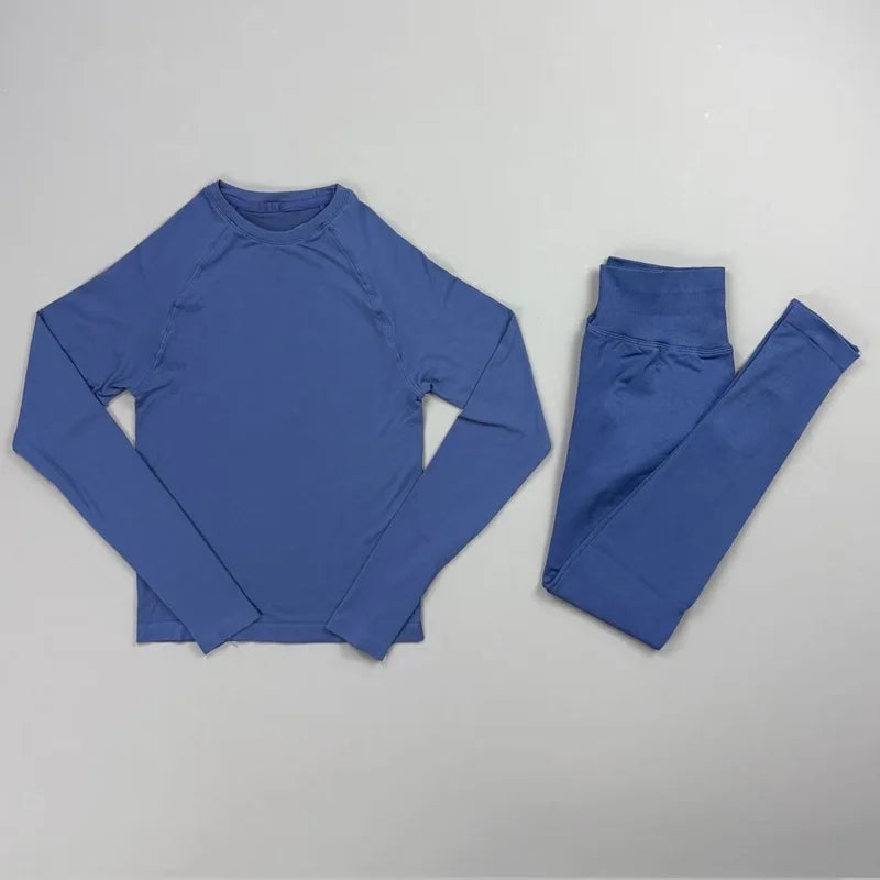 HISTELLO 2 Piece Gym Set Women Slim Fit Seamless Long Sleeve Top Elastic Fitness Leggings Sets Running Sports Yoga Workout Suit