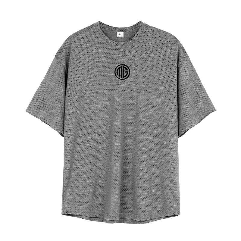 Mens Running T Shirt  Dropped Shoulders Mesh Quick Dry Crew Neck Loose Oversized Fit Breathable Moisture Wicking Gym Workout Tee