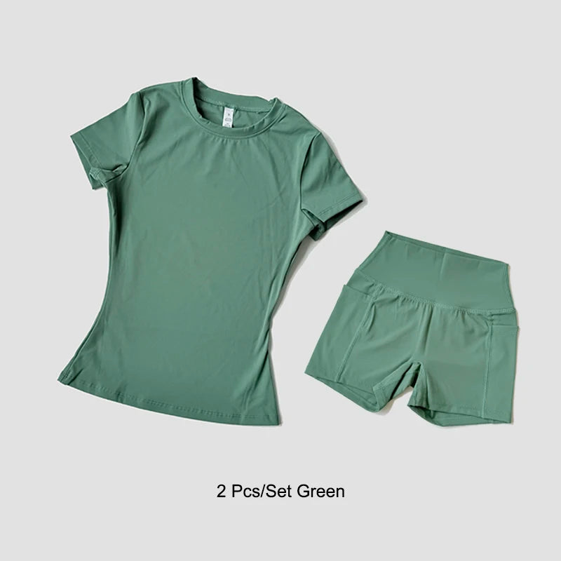 Sports Sets Fitness Hip-lifting Tight Top Short Sleeve Running Workout Gym Shorts Tracksuits For Women Breathable Sports Suits