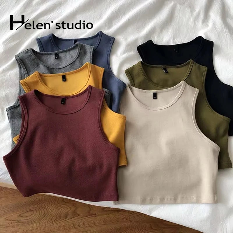 Original Summer Women's Crop Top Stretch Slim Short Sleeveless Women's Tanks Top Kpop Yellow Burgundy Y2k T-Shirt