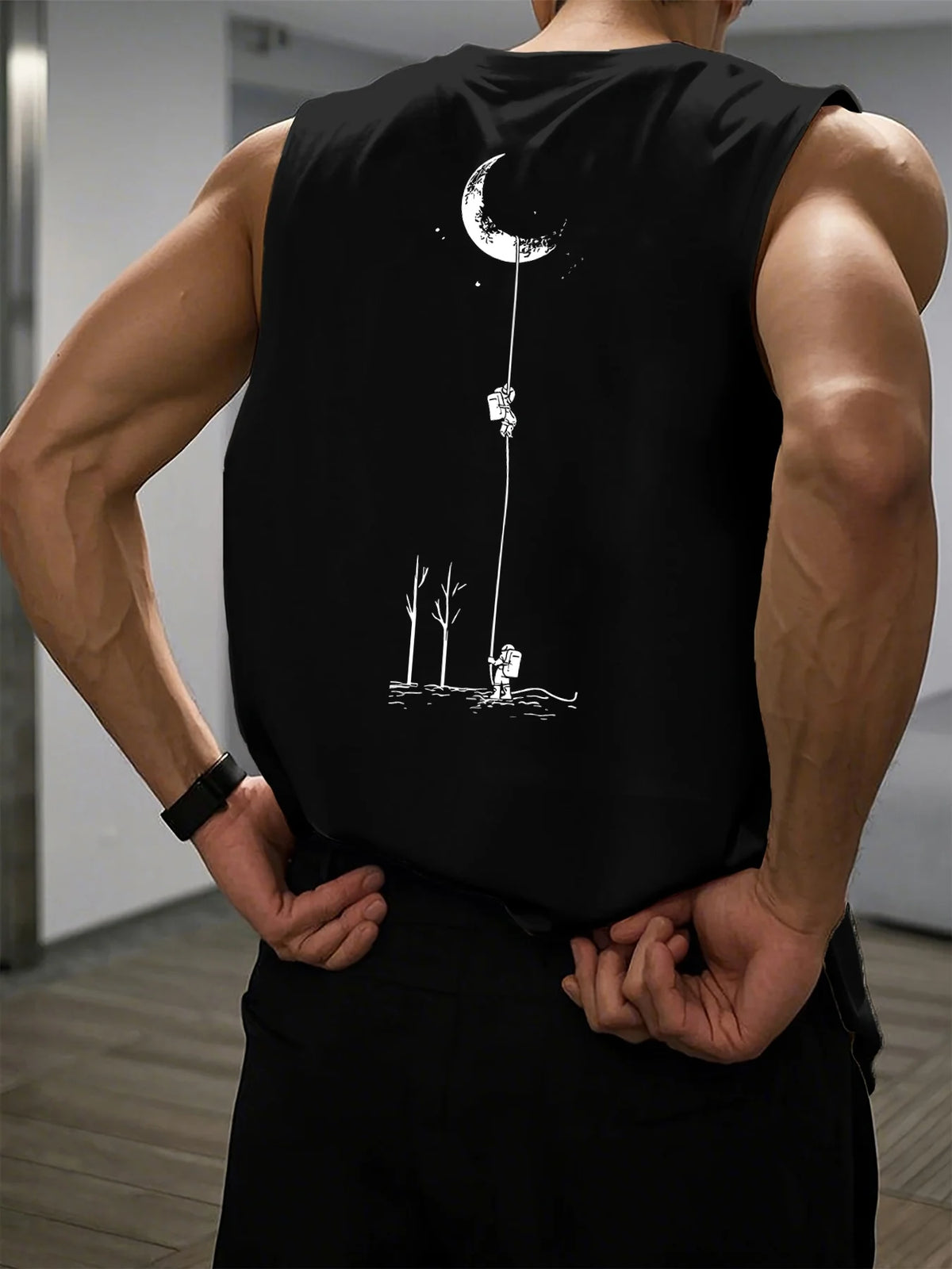 Men's summer casual sports loose fit astronaut landing moon pattern print comfortable and breathable round neck sleeveless vest