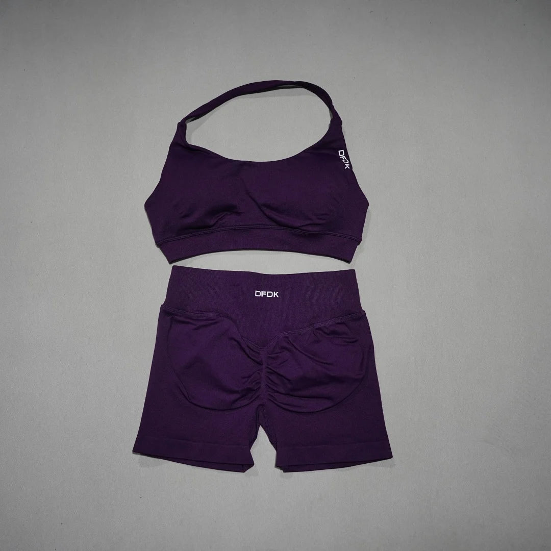 DFDK Women's Fashion 2 Piece Sports Set Lace Up Sports Bra Seamless Shorts Leggings Yoga Gym Fitness Running Tracksuit