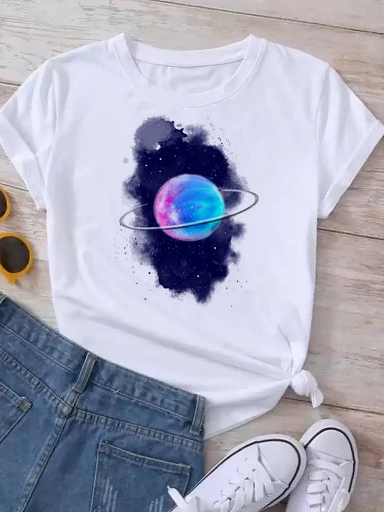 T Shirt Women Moon Planet Print Fashion Tee Shirts Casual Round Neck Short Sleeve Streetwear Female T-Shirt Vintage Tops
