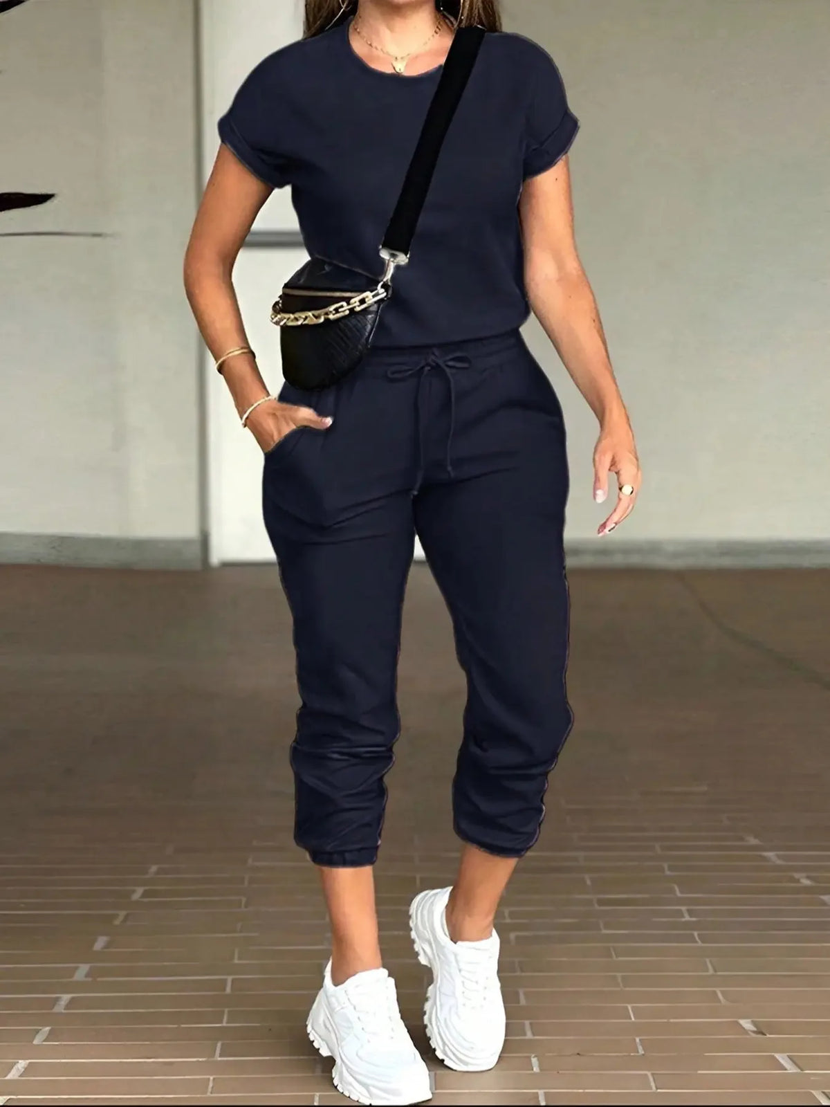 Sports Two-piece Set For Women Summer Fashion Comfortable Casual Solid Color Round Neck Short-sleeved Top And Elastic Pants Set