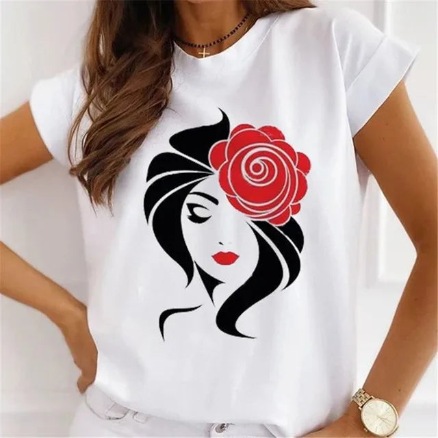 Fashion Girls Cool Half Sleeve American White T-shirt Women's Short Sleeve Top Casual Streetwear Clothing Polyester fiber fabric