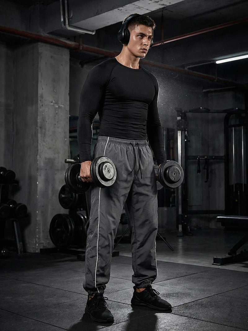 Mens Spring Fall Athletic 2 Piece Set Gym Workout Running Sportswear Long Sleeve Compression Shirt Pants Trousers Sweatpants