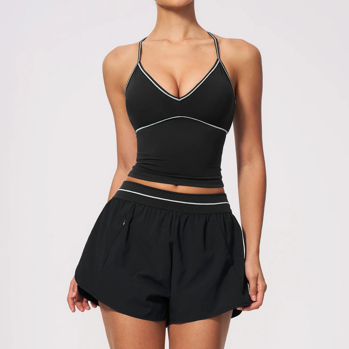 Women 2Pcs Activewear Set V Back Contrast Piping Shorts with Built in Liner and V Neck Crop Top for Gym Tennis Yoga Sportswear