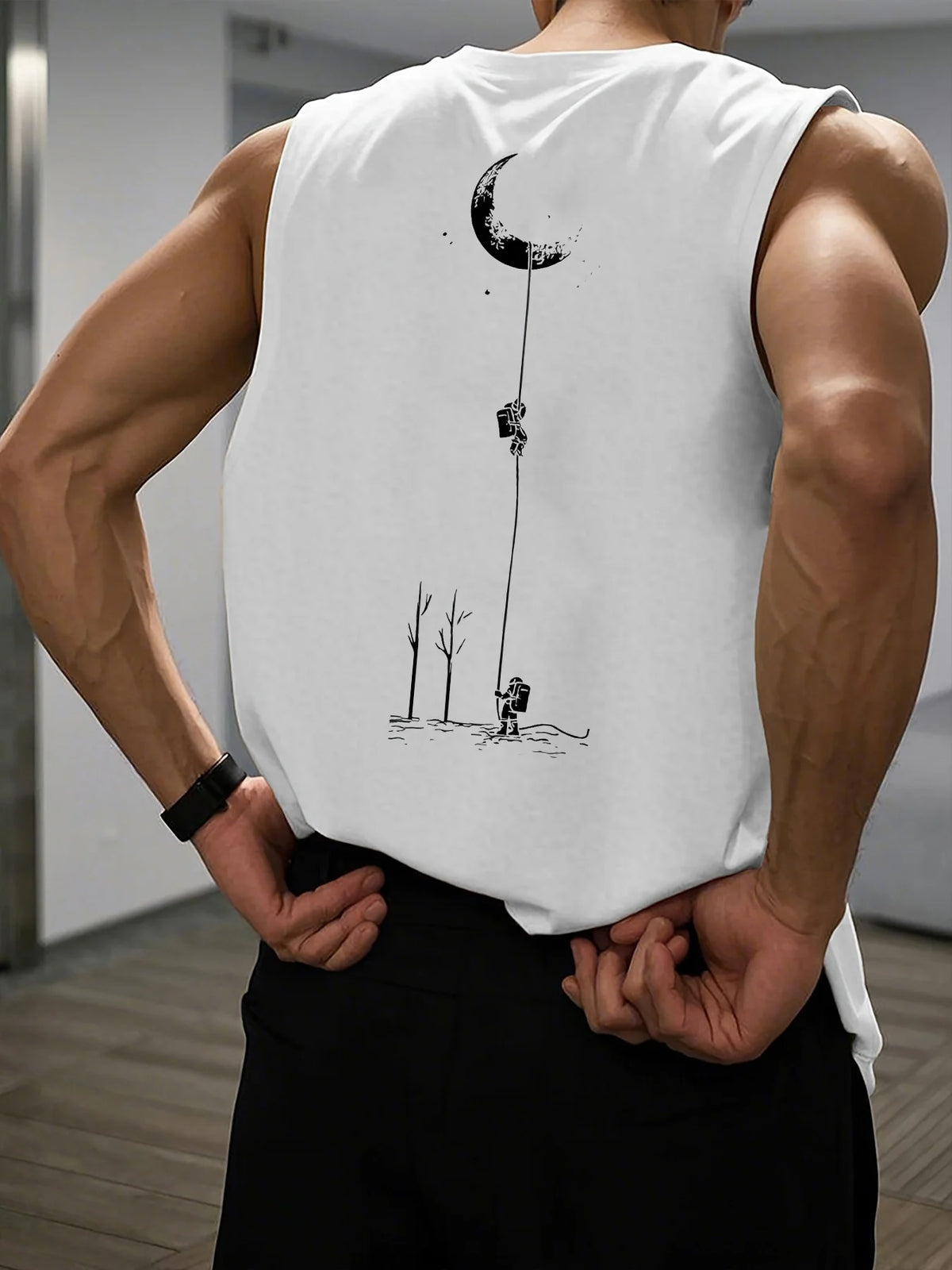 Men's summer casual sports loose fit astronaut landing moon pattern print comfortable and breathable round neck sleeveless vest