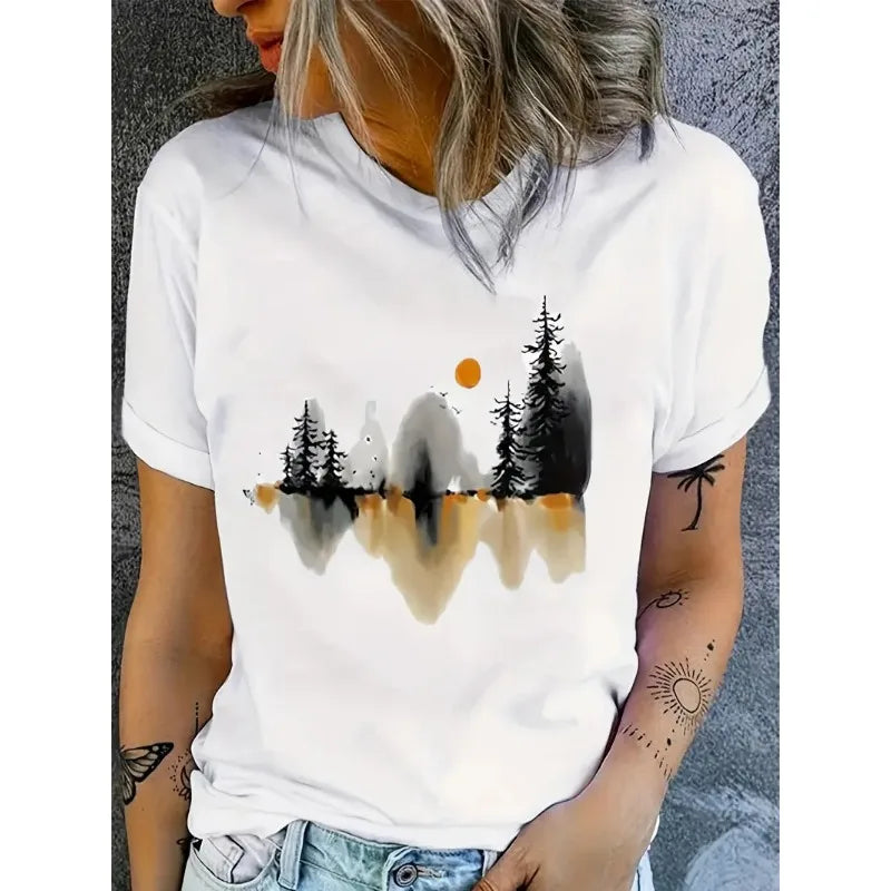 New Hot Selling Pattern Letters Printed Women's Fashion Short-sleeved T-shirt Cherry Round Neck Blouse Summer Fashion Polyester