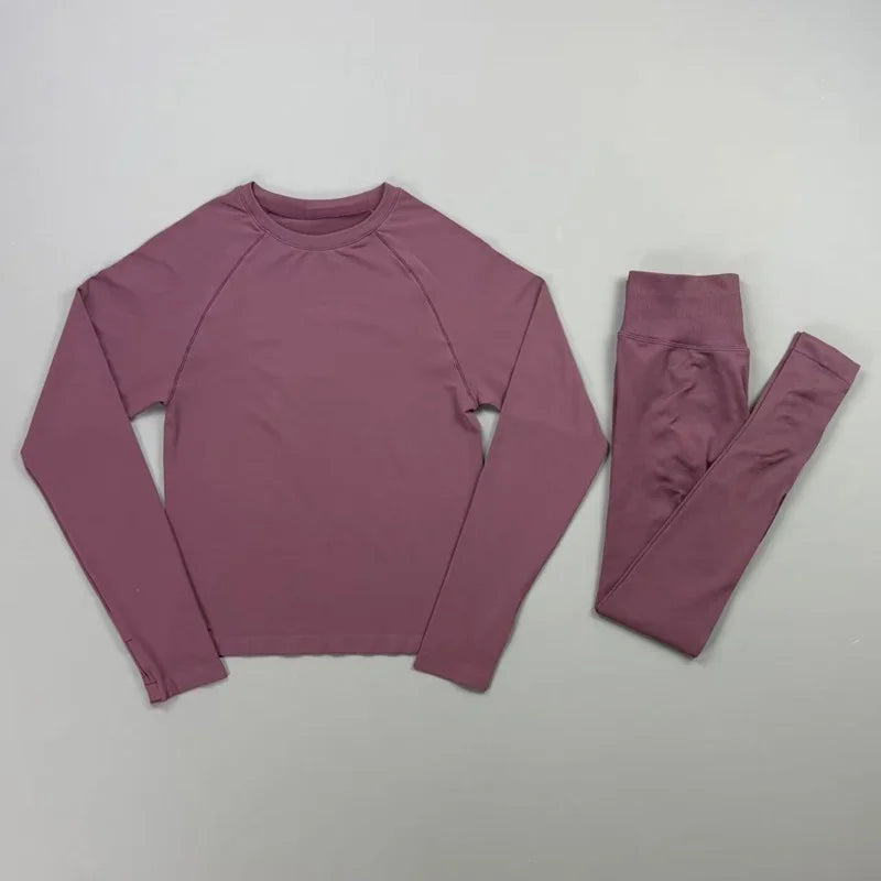 HISTELLO 2 Piece Gym Set Women Slim Fit Seamless Long Sleeve Top Elastic Fitness Leggings Sets Running Sports Yoga Workout Suit