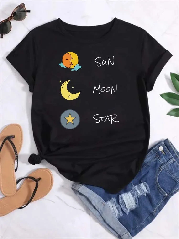 T Shirt Women Moon Planet Print Fashion Tee Shirts Casual Round Neck Short Sleeve Streetwear Female T-Shirt Vintage Tops