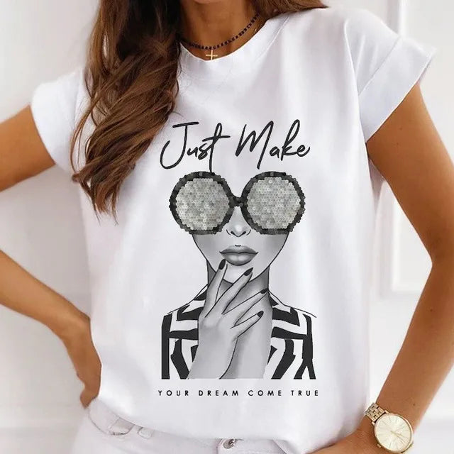 Fashion Girls Cool Half Sleeve American White T-shirt Women's Short Sleeve Top Casual Streetwear Clothing Polyester fiber fabric