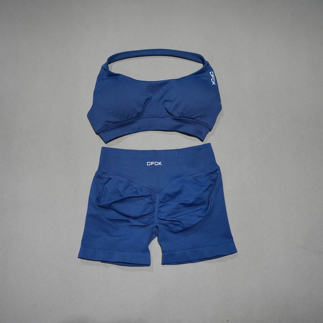 DFDK Women's Fashion 2 Piece Sports Set Lace Up Sports Bra Seamless Shorts Leggings Yoga Gym Fitness Running Tracksuit