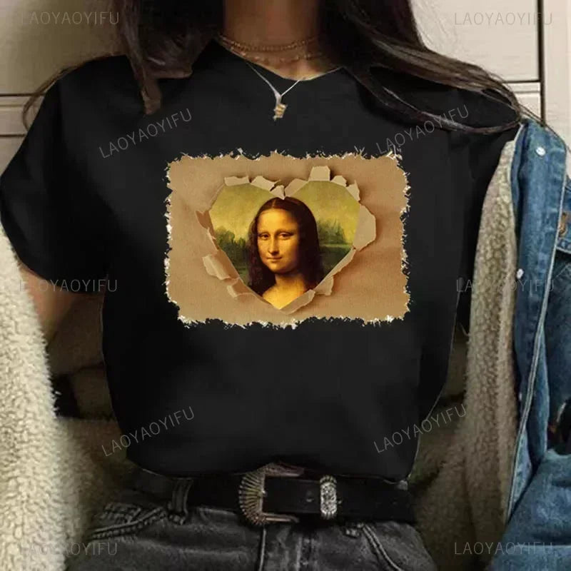 Vintage Humor Mona Lisa Print Women Fashion Top Funny Rose Mona Lisa T-Shirt Classic Camise Breathable Short-sleev