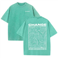 "CHANGE" Topographic Line Art Print Vintage Washed Beige Casual Graphic T Shirt