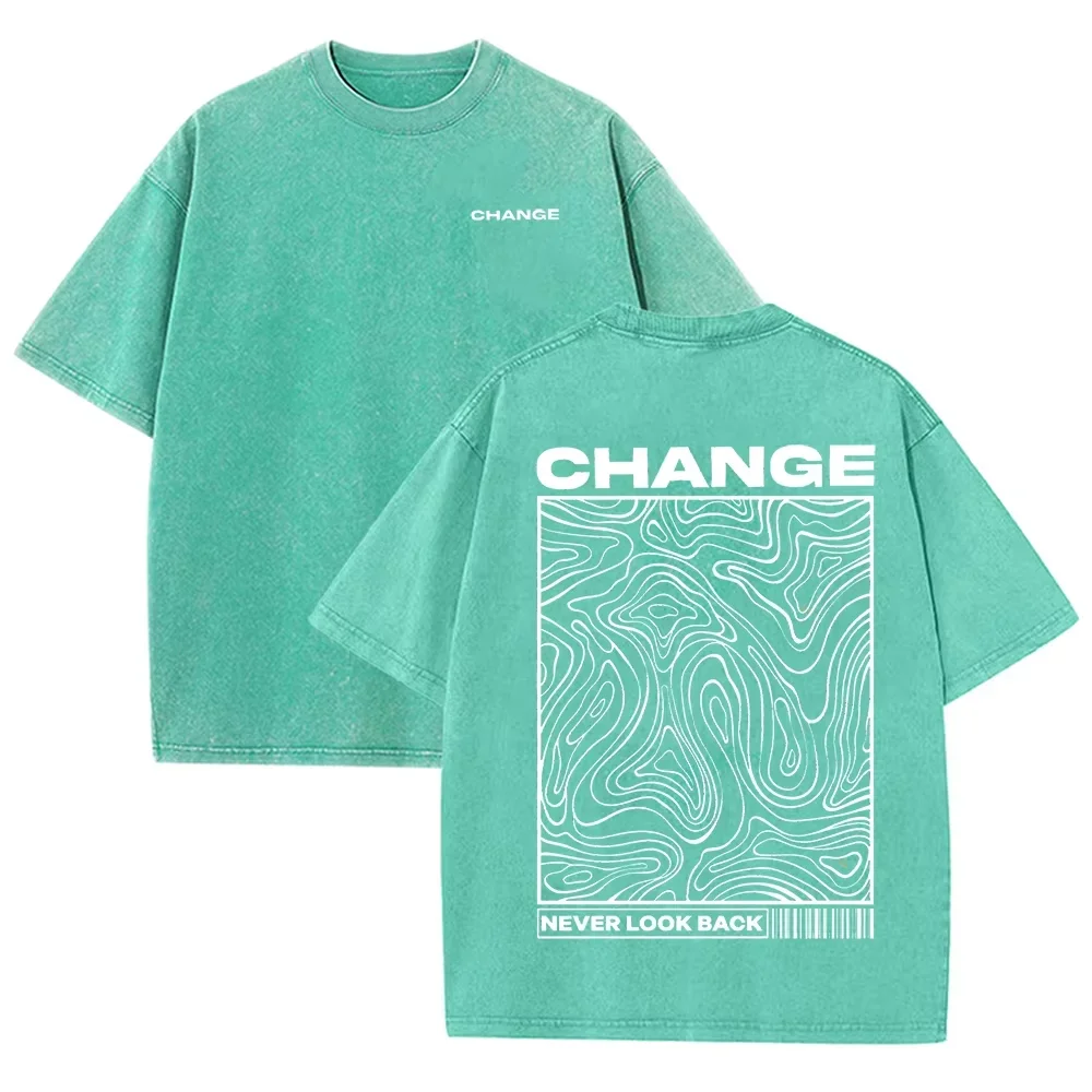"CHANGE" Topographic Line Art Print Vintage Washed Beige Casual Graphic T Shirt